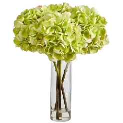 Watered Hydrangea Bouquet in Tall Glass Vase