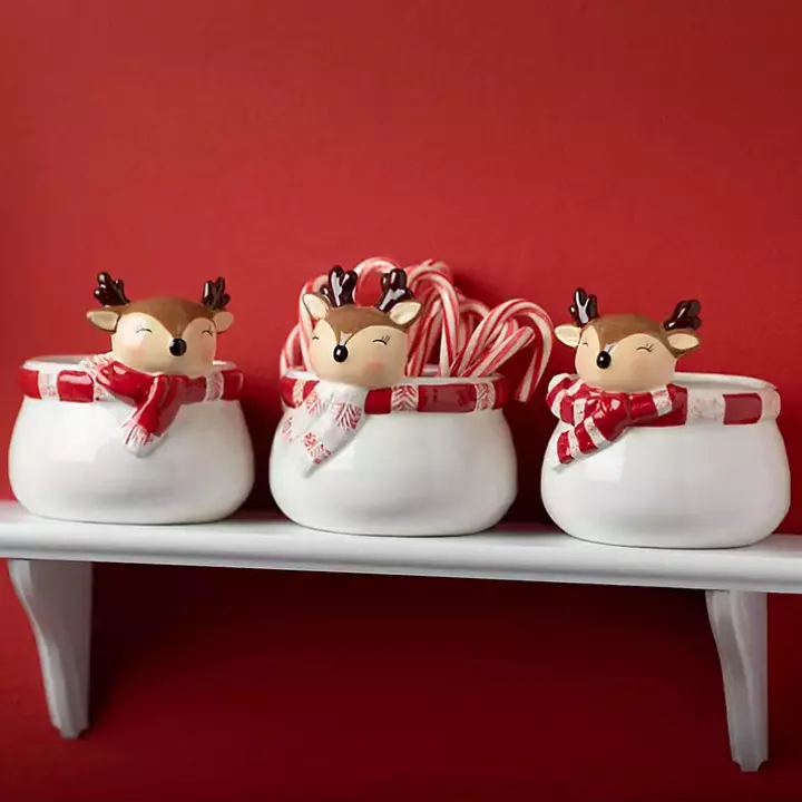 Whimsical Reindeer Ceramic Containers, Set of 3