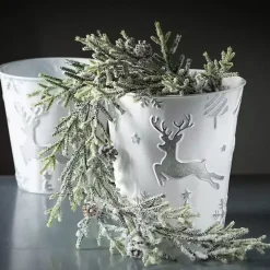 White & Silver Embossed Reindeer Pails, Set of 2