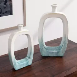 White & Turquoise Ceramic Cut-Out Vase, 18 in.