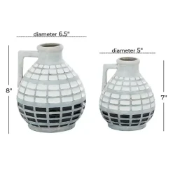 White and Black Checkered Ceramic Vases, Set of 2