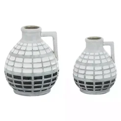 White and Black Checkered Ceramic Vases, Set of 2