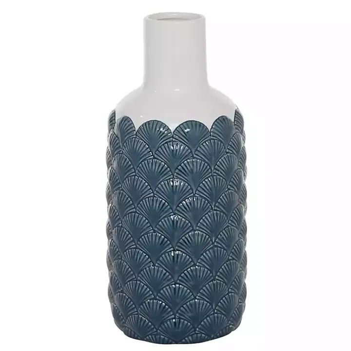 White and Blue Coastal Ceramic Vase, 13 in.