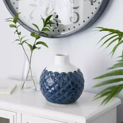 White and Blue Coastal Ceramic Vase, 8 in.