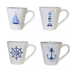 White and Blue Nautical Mugs, Set of 4