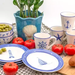 White and Blue Nautical Mugs, Set of 4