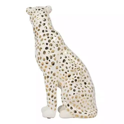 White and Gold Ceramic Sitting Leopard Statue