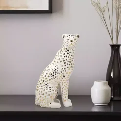 White and Gold Ceramic Sitting Leopard Statue