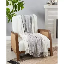 White and Gray Striped and Fringe Throw Blanket