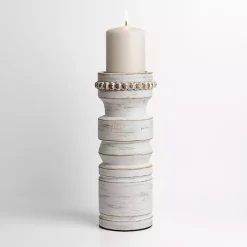 White Beaded Wood Pillar Candle Holder, 11 in.