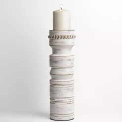 White Beaded Wood Pillar Candle Holder, 14 in.