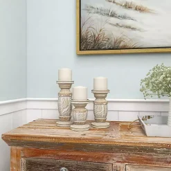 White Carved Wood Candle Holders, Set of 3