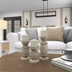 White Carved Wood Candle Holders, Set of 3