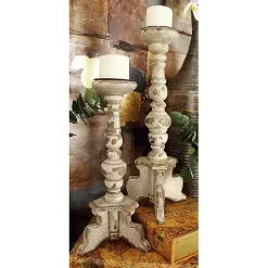 White Chipped Wood Pillar Candle Holders, Set of 2