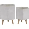 White Clay and Wood Hexagon Planters, Set of 2