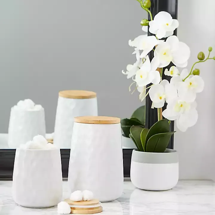 White Dimpled Bamboo Canisters, Set of 2