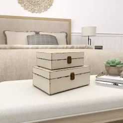White Distressed Burlap Wooden Boxes, Set of 2