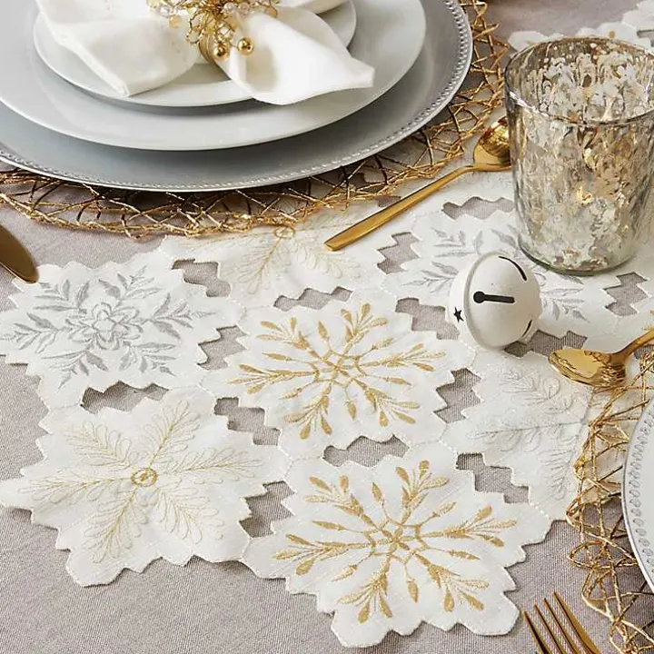 White Embroidered Snowflakes Table Runner