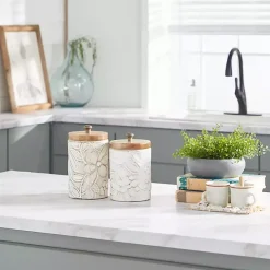White Floral Jars with Wood Lids, Set of 2