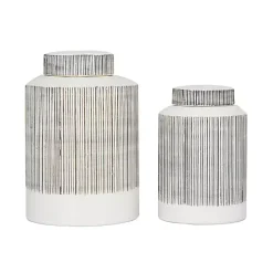White Lined Ceramic Jars, Set of 2