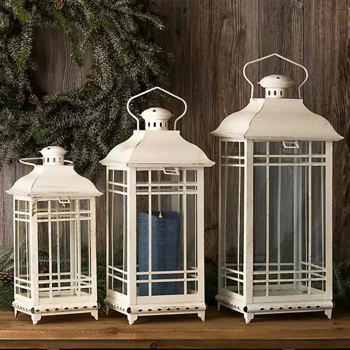 White Metal Windowpane Lanterns, Set of 3