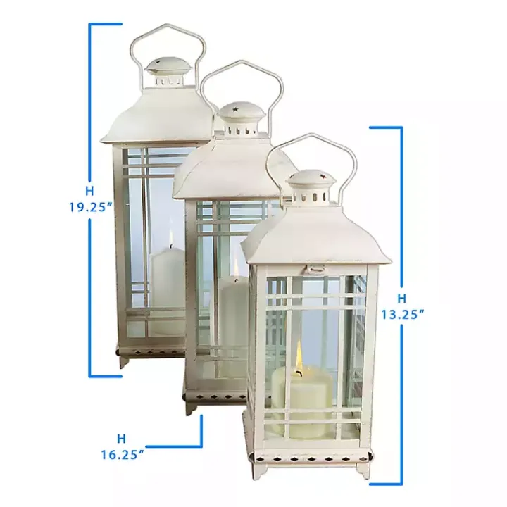 White Metal Windowpane Lanterns, Set of 3