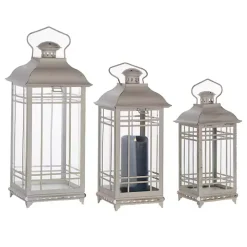 White Metal Windowpane Lanterns, Set of 3