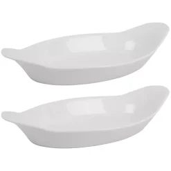 White Porcelain Oval Bakers with Handles, Set of 2