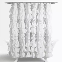 White Ruffle and Pom Pom Trim Shower Curtain
