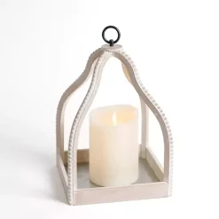 White Washed Beaded Open Lantern, 16 in.