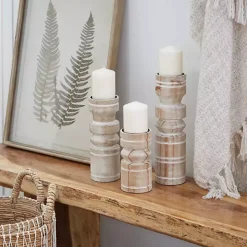 White Washed Wood Column Candle Holders, Set of 3