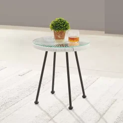 White Wicker and Glass Top Outdoor Side Table