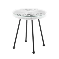 White Wicker and Glass Top Outdoor Side Table