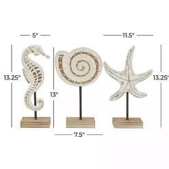White Wood Sea Creature Statues, Set of 3