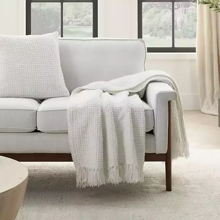 White Woven Waffle Knit Chenille Throw