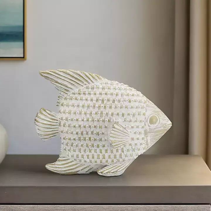 Whitewashed Ceramic Woven Fish Statue
