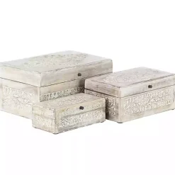 Whitewashed Floral Carved Wood Boxes, Set of 3