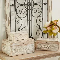 Whitewashed Floral Carved Wood Boxes, Set of 3