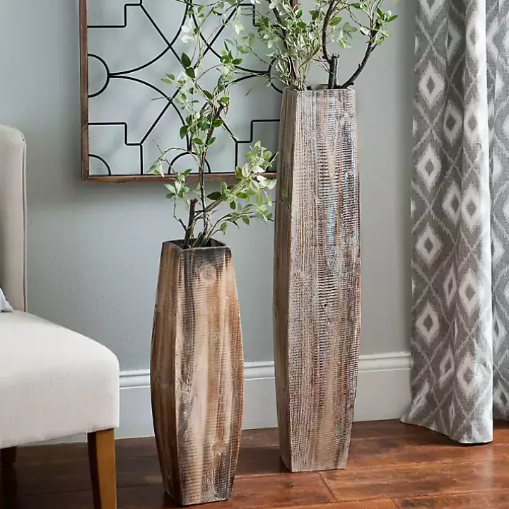 Whitewashed Oblong Wooden Vases, Set of 2