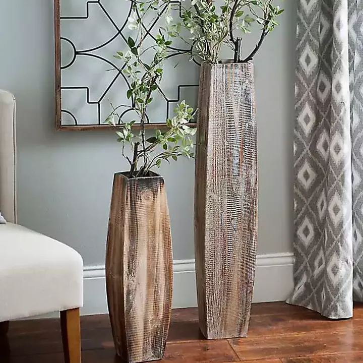 Whitewashed Oblong Wooden Vases, Set of 2