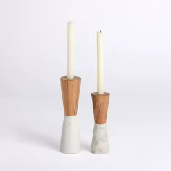 Wood & Marble Taper Candle Holders, Set of 2