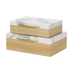 Wood and Faux Marble Rectangular Boxes, Set of 2