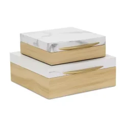Wood and Faux Marble Square Boxes, Set of 2