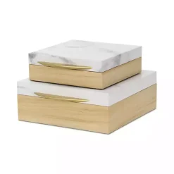 Wood and Faux Marble Square Boxes, Set of 2