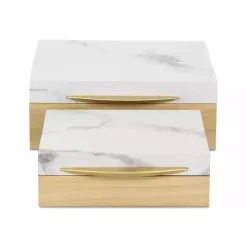 Wood and Faux Marble Square Boxes, Set of 2