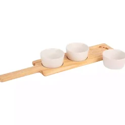 Wood Serving Tray with White Ceramic Bowls