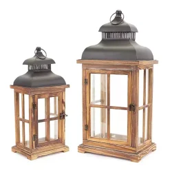 Wood Windowpane Slope Top Lanterns, Set of 2