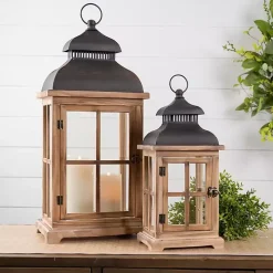 Wood Windowpane Slope Top Lanterns, Set of 2