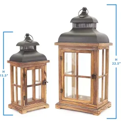 Wood Windowpane Slope Top Lanterns, Set of 2