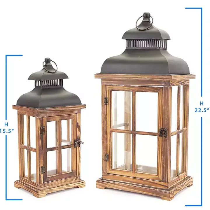Wood Windowpane Slope Top Lanterns, Set of 2